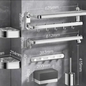 Bộ phụ kiện phòng tắm JOMOO gồm giá để đồ đa năng, vắt khăn, 2 kệ góc, móc áo, hộp giấy và cọ vệ sinh