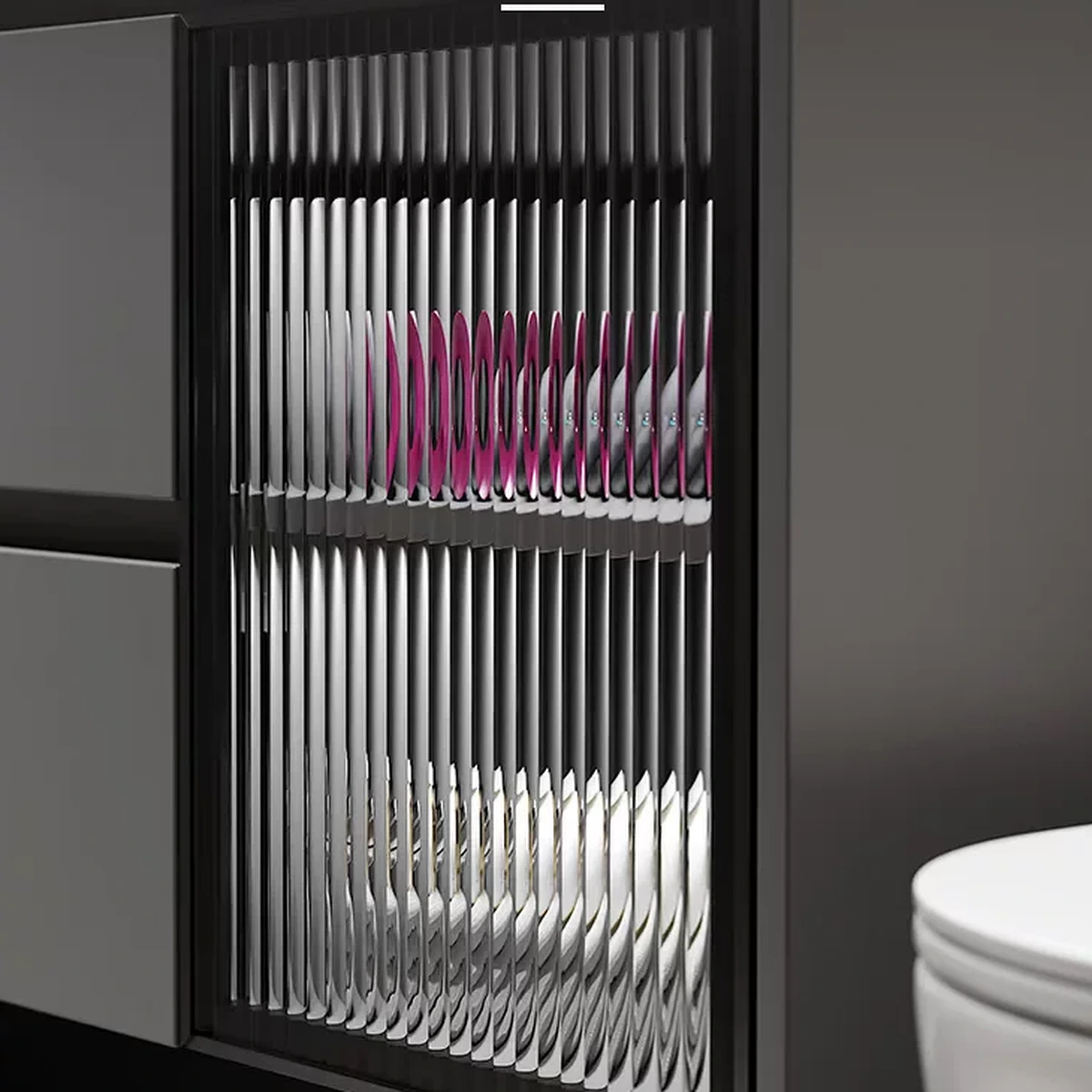 Cận cảnh cánh tủ kính sọc sóng fluted glass khung nhôm định hình Cobbe
