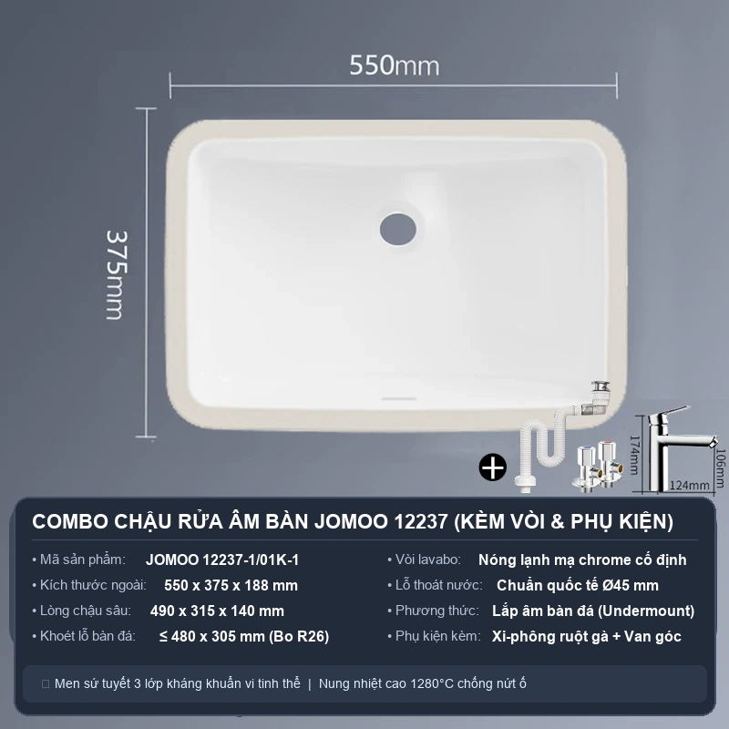 Combo chậu âm bàn JOMOO 12237 kèm vòi chrome và phụ kiện