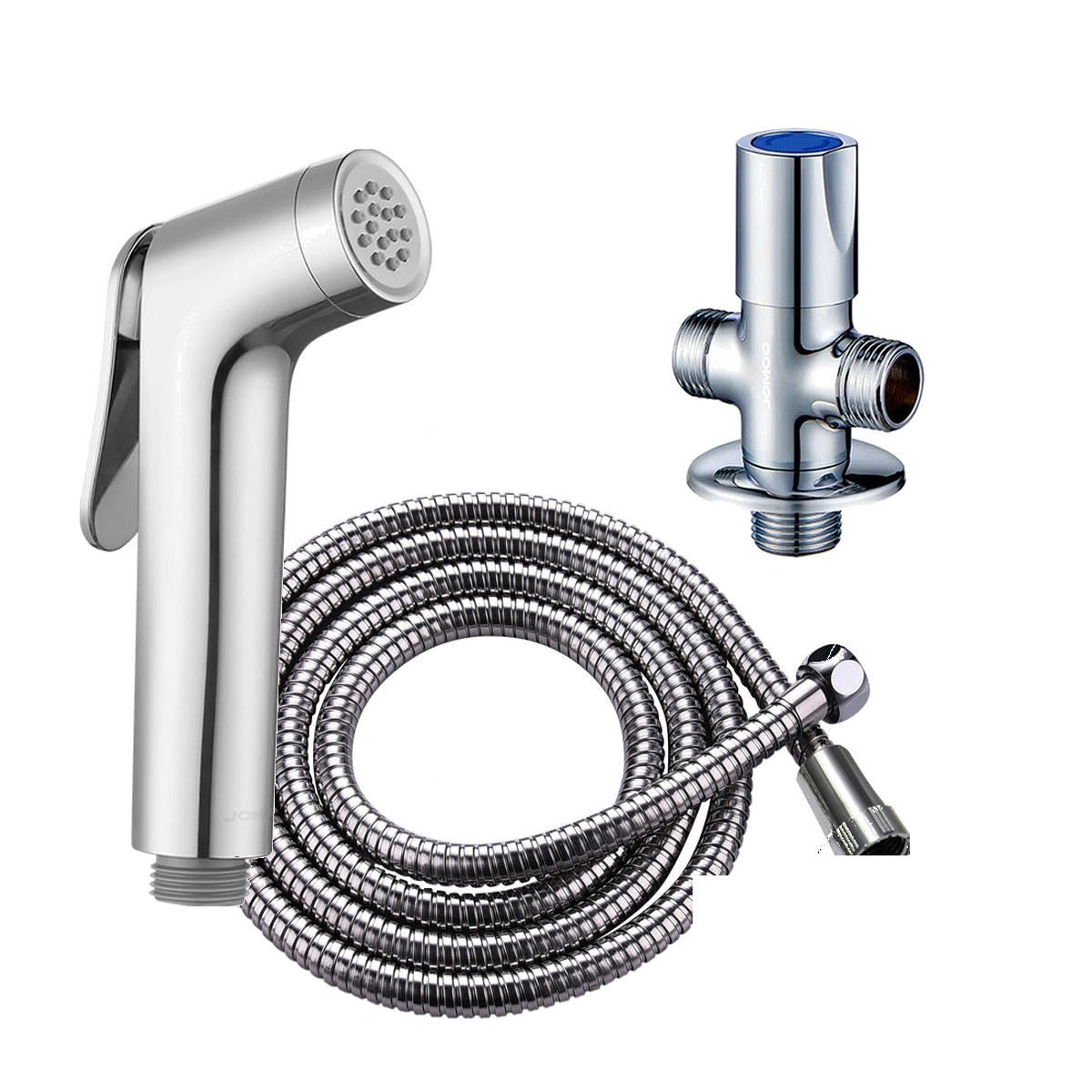 Trọn bộ combo vòi xịt vệ sinh tăng áp JOMOO kèm dây sen 1.5m, đế cài và van góc tê 3 ngả đơn mạ chrome