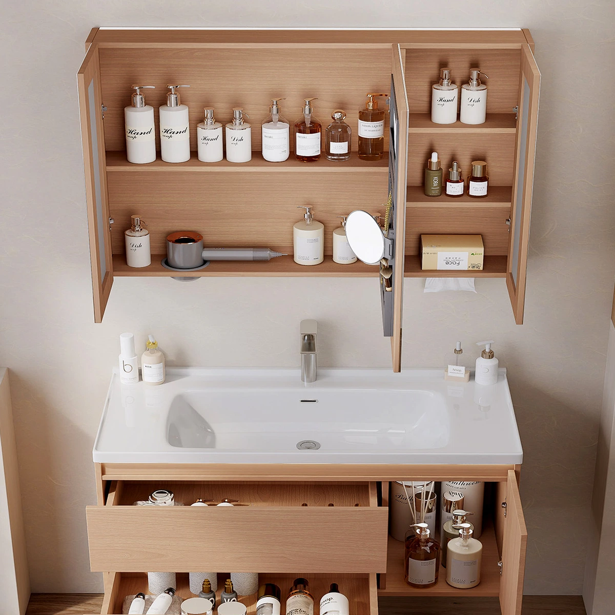 Bộ tủ chậu lavabo gỗ tự nhiên Fansons kèm tủ gương thông minh chậu sứ ceramic liền khối
