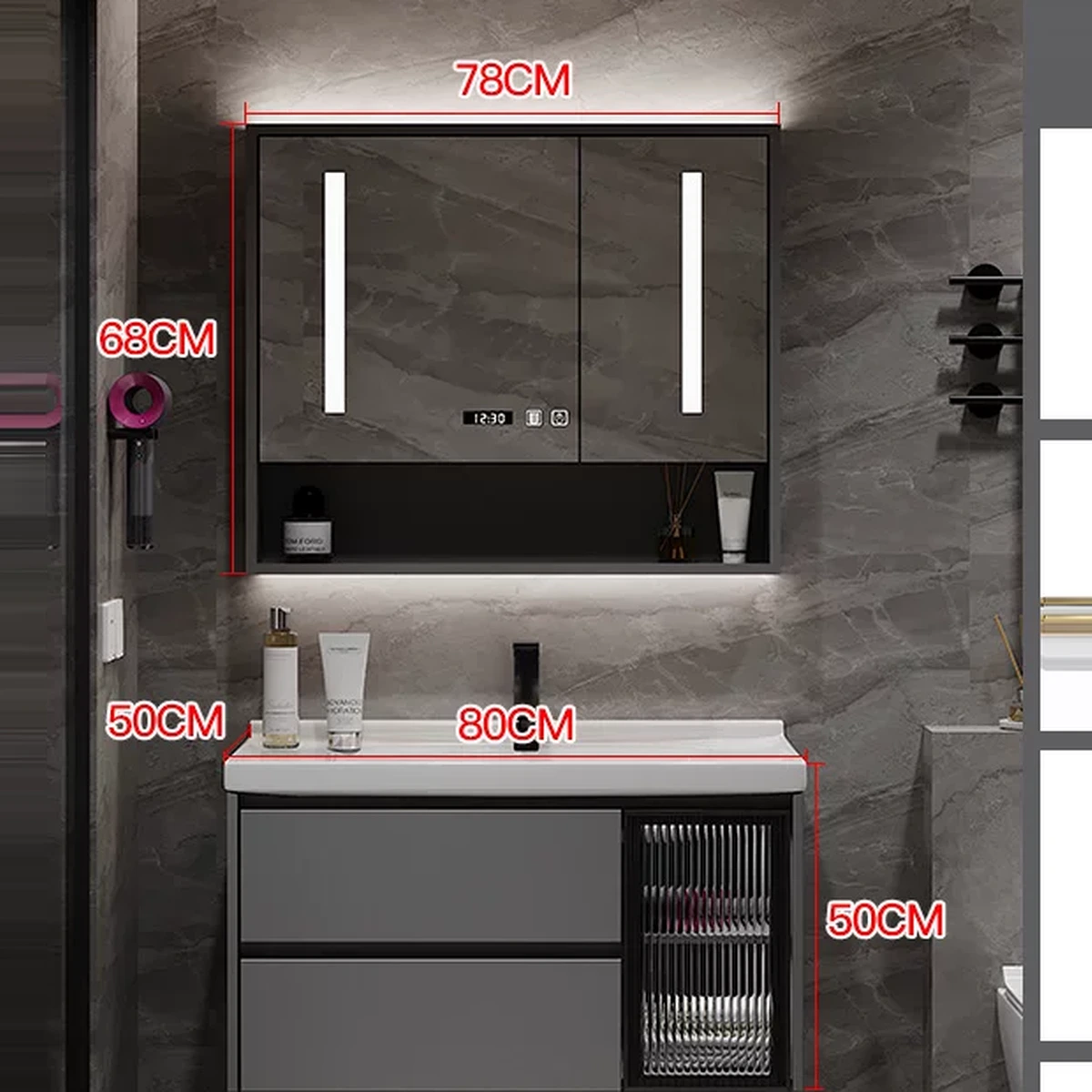 Tủ lavabo thông minh Cobbe 80cm chậu sứ liền khối tủ gương bán phần LED
