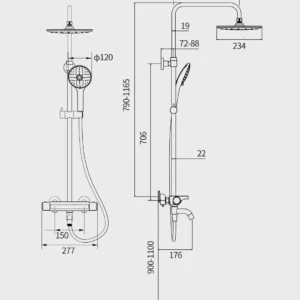 Bản vẽ thông số kích thước lắp đặt kỹ thuật sen cây diiib DXHW001 DXHW003