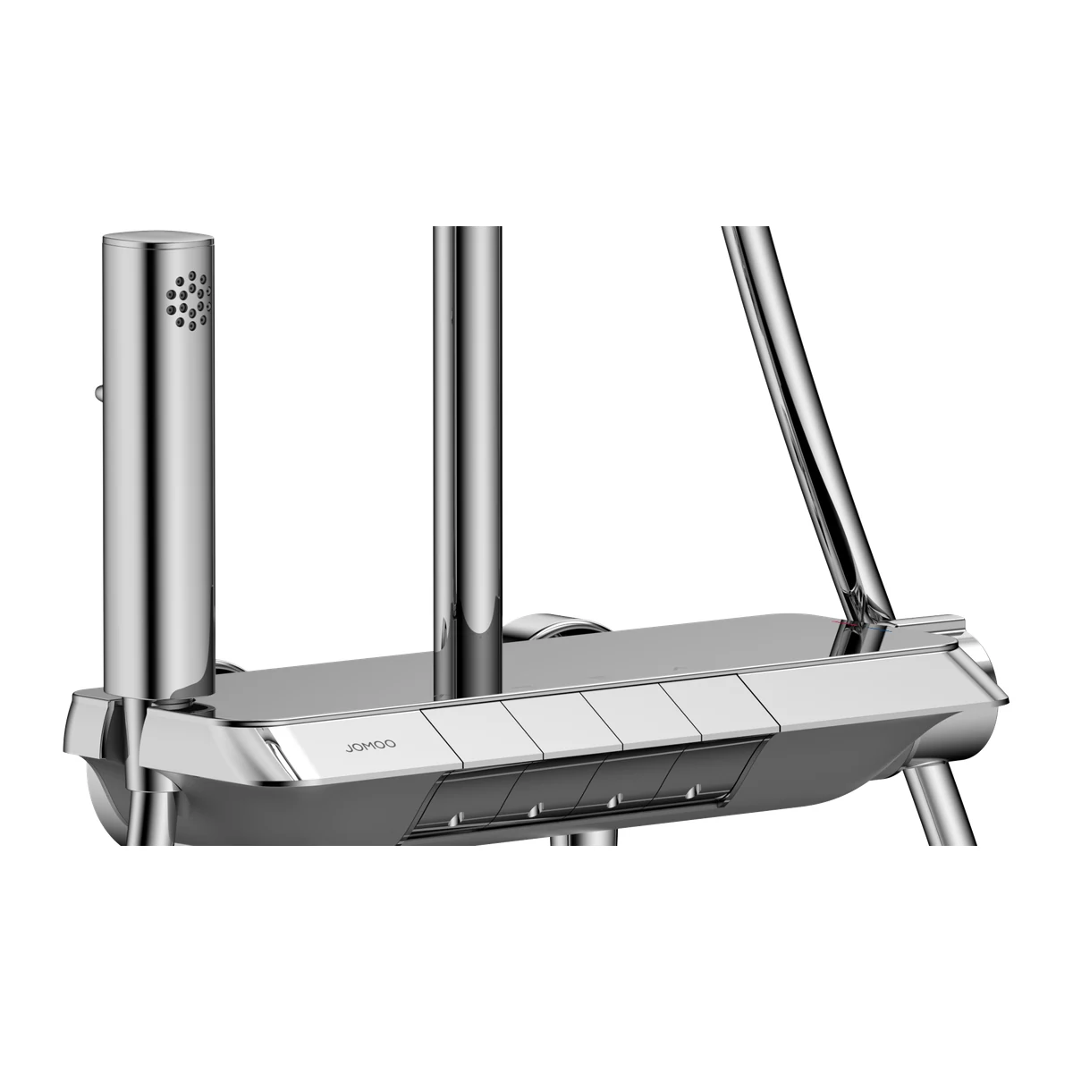 Cận cảnh 4 phím đàn piano mạ Chrome và vòi xịt tăng áp củ sen JOMOO 26201-810